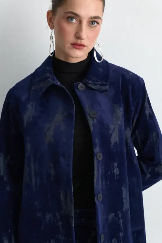 Anka Collection Flocked Velvet Jacket - Navy Blue - Gusto