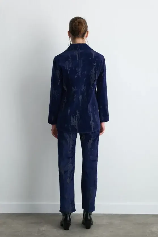 Anka Collection Flocked Velvet Jacket - Navy Blue - 4