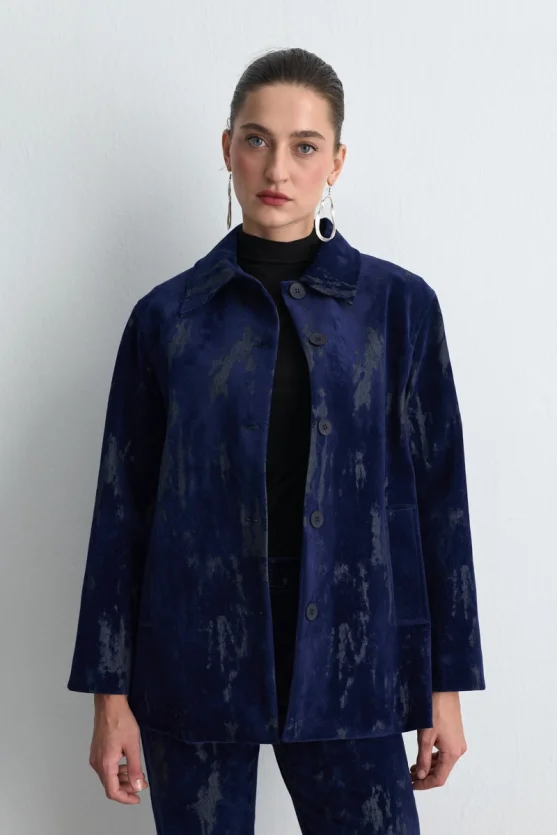 Anka Collection Flocked Velvet Jacket Navy Blue - Gusto