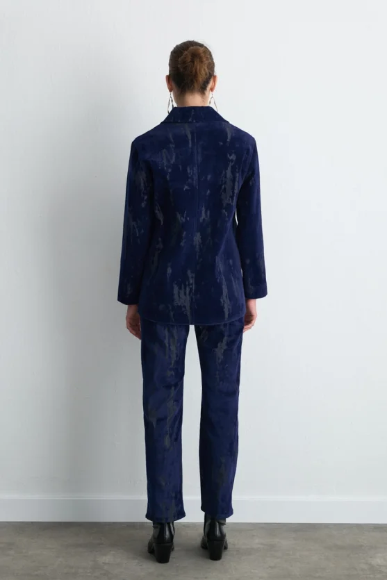 Anka Collection Flocked Velvet Jacket Navy Blue - Gusto