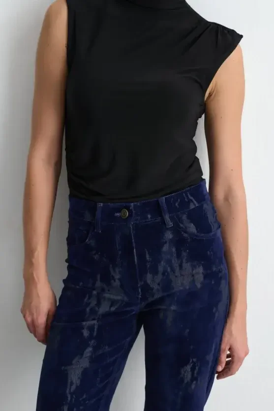 Anka Collection Flocked Velvet Straight-Leg Pants - Navy Blue - 5