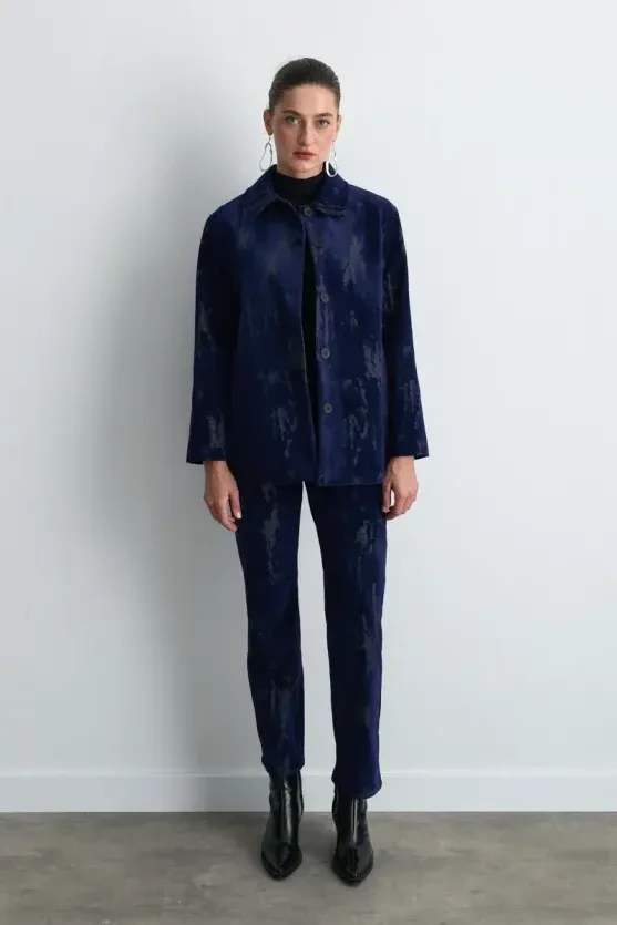 Anka Collection Flocked Velvet Straight-Leg Pants - Navy Blue - 1