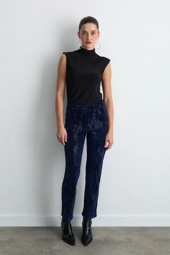 Anka Collection Flocked Velvet Straight Leg Pants Navy Blue - Gusto