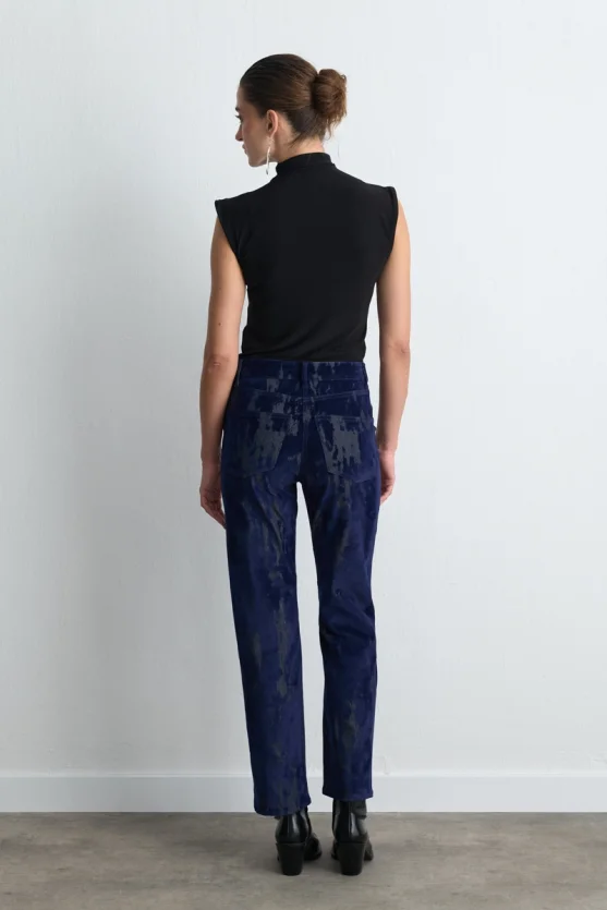 Anka Collection Flocked Velvet Straight Leg Pants Navy Blue - Gusto
