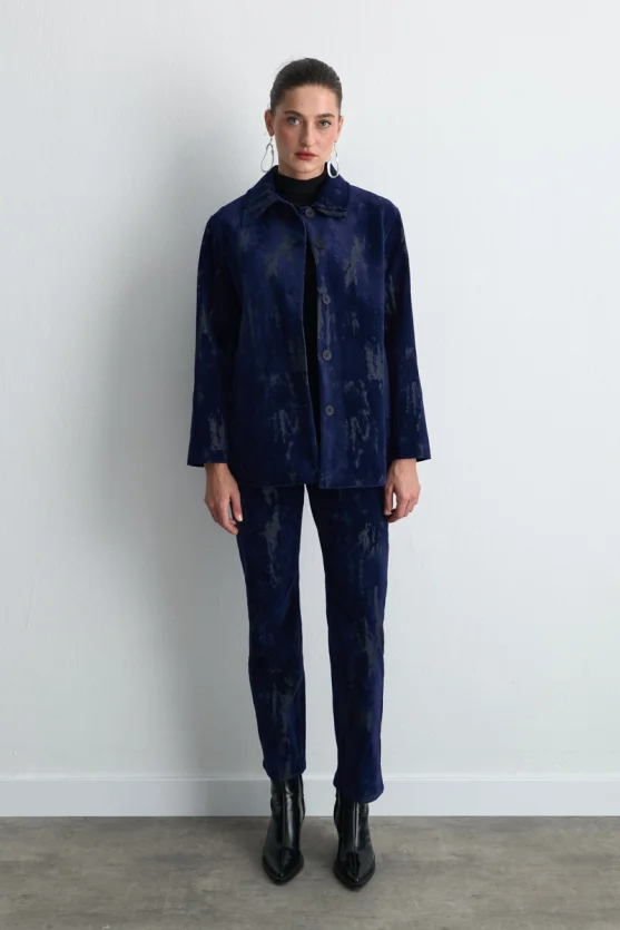 Anka Collection Flocked Velvet Straight Leg Pants Navy Blue - Gusto