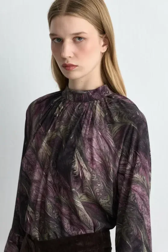 Anka Collection High Neck Viscose Blouse with Flared Sleeves - Plum - Gusto