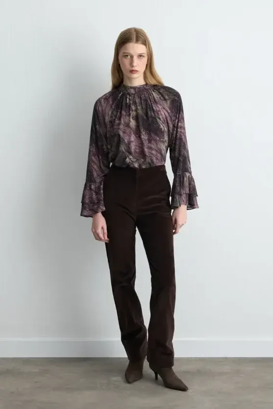 Anka Collection High Neck Viscose Blouse with Flared Sleeves - Plum - 3