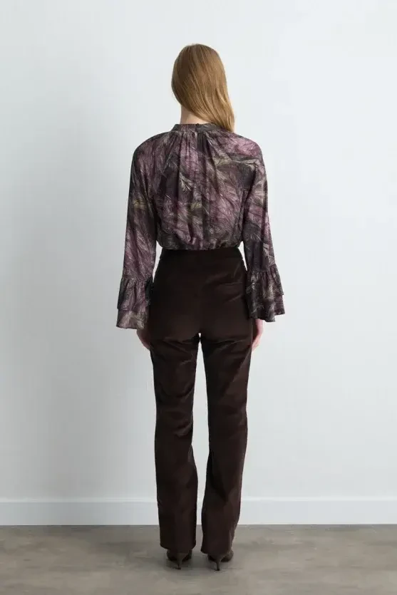 Anka Collection High Neck Viscose Blouse with Flared Sleeves - Plum - Gusto