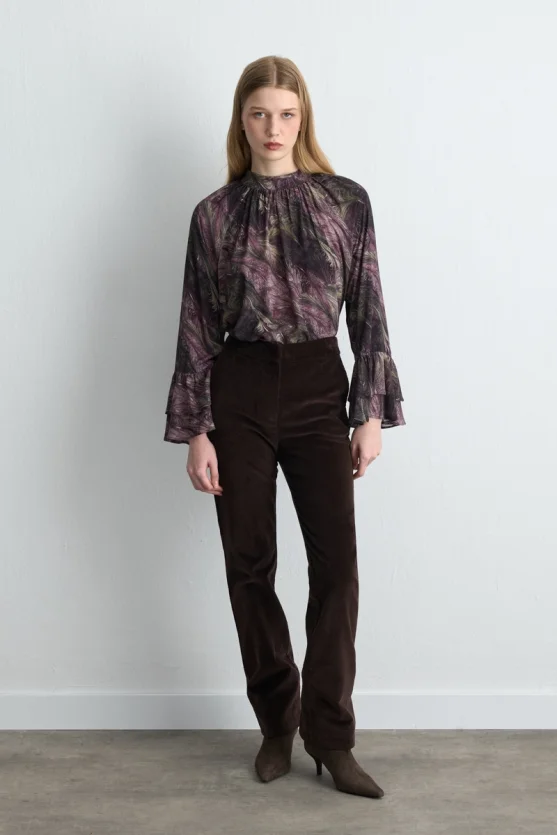 Anka Collection High Neck Viscose Blouse with Flared Sleeves Plum - Gusto