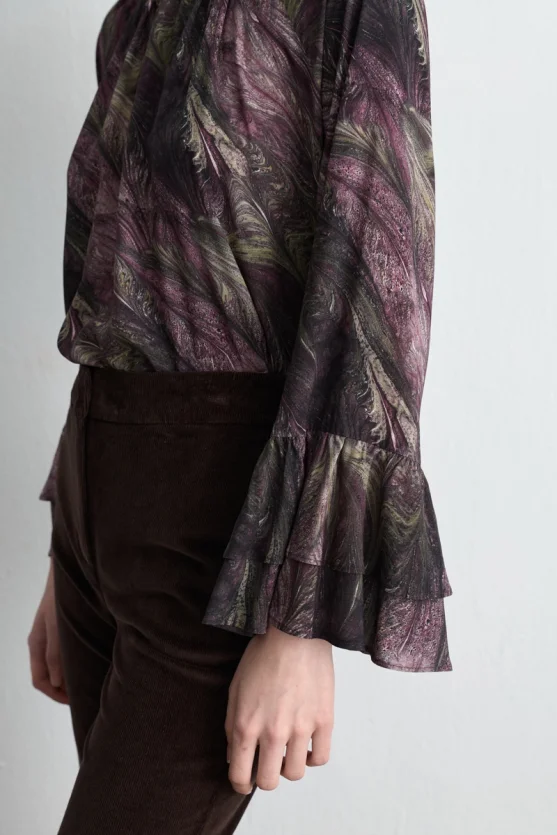 Anka Collection High Neck Viscose Blouse with Flared Sleeves Plum - 4