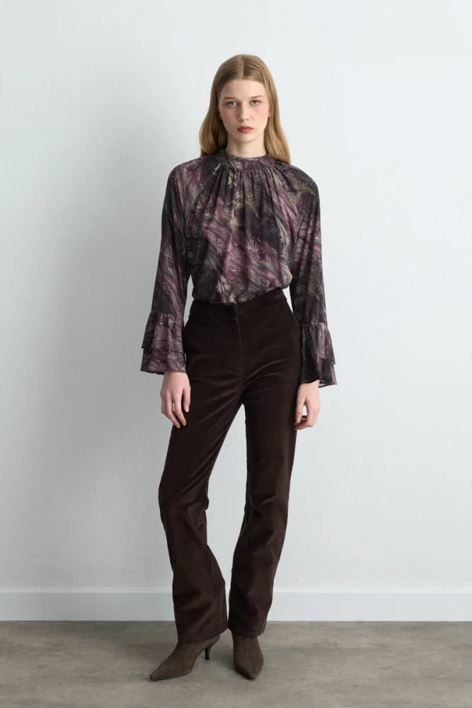 Anka Collection High Neck Viscose Blouse with Flared Sleeves Plum Marroon