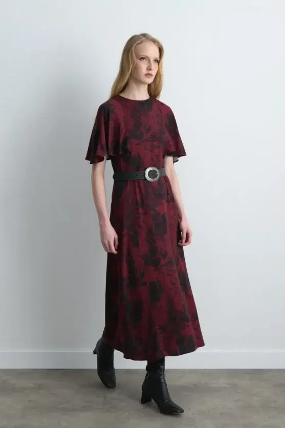 Anka Collection Long Patterned Dress - Burgundy - 4