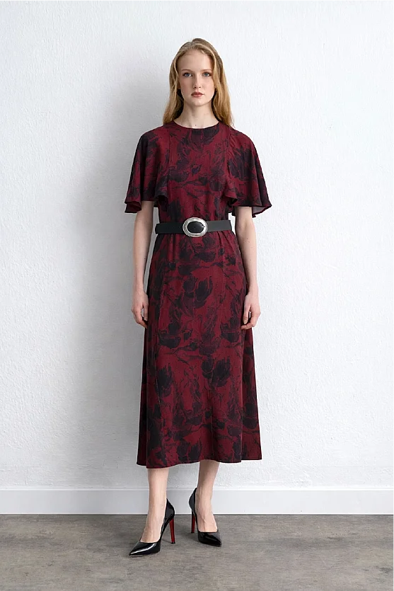 Anka Collection Long Patterned Dress Burgundy - 1