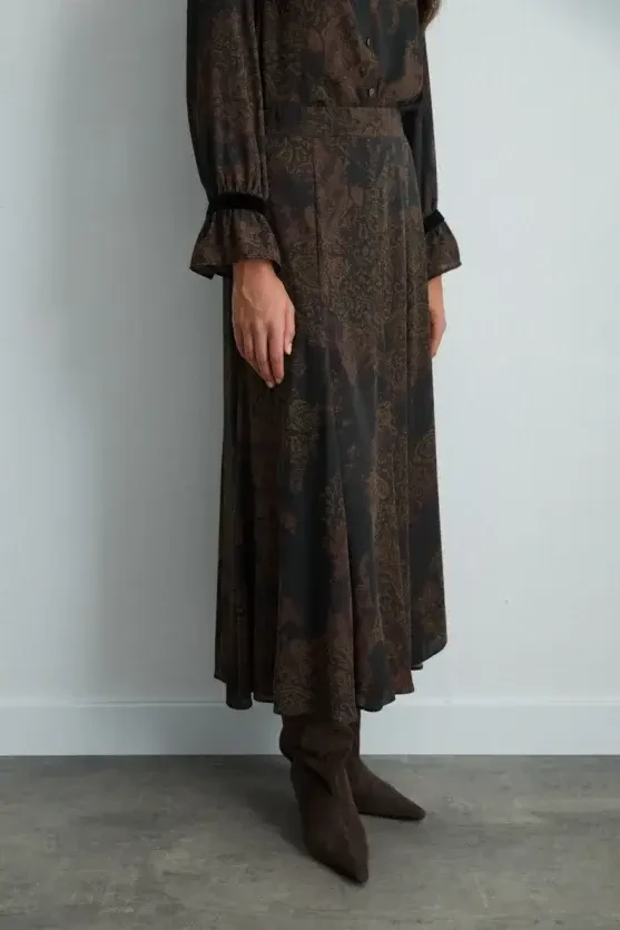 Anka Collection Long Patterned Flared Skirt - Brown - 5