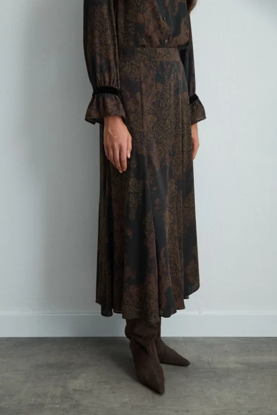 Anka Collection Long Patterned Flared Skirt Brown - Gusto