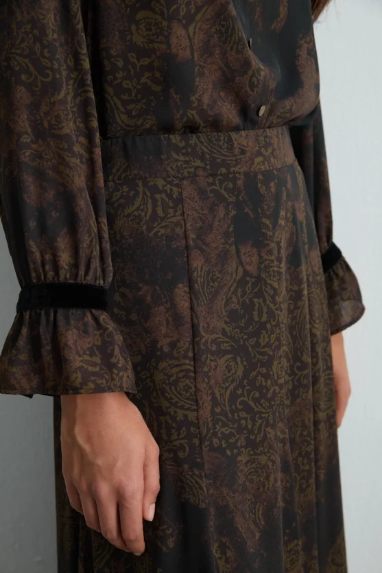 Anka Collection Long Patterned Flared Skirt Brown - Gusto