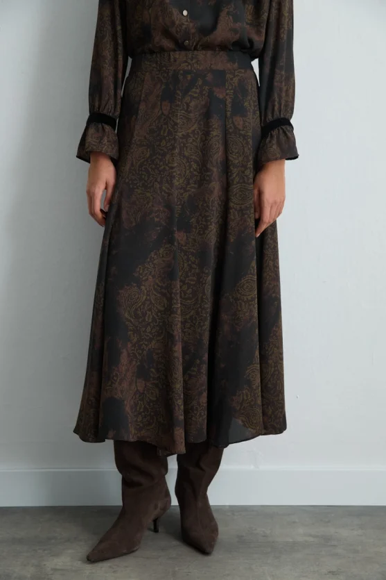Anka Collection Long Patterned Flared Skirt Brown - Gusto