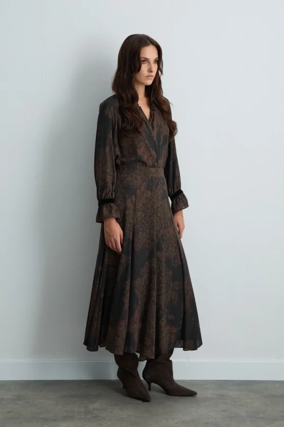 Anka Collection Long Patterned Flared Skirt Brown - 2