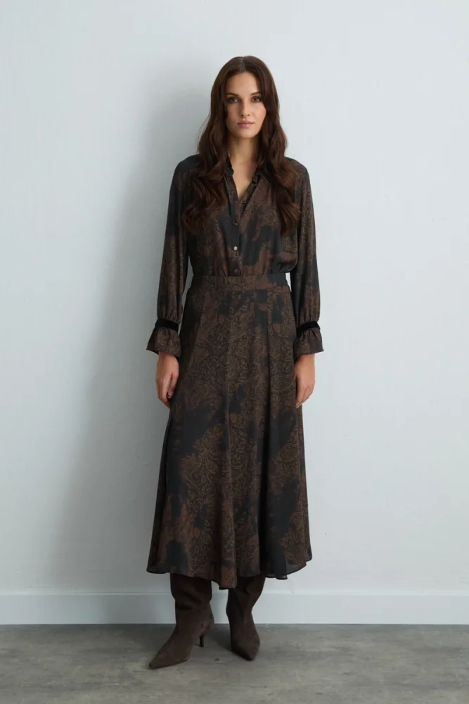 Anka Collection Long Patterned Flared Skirt Brown Brown