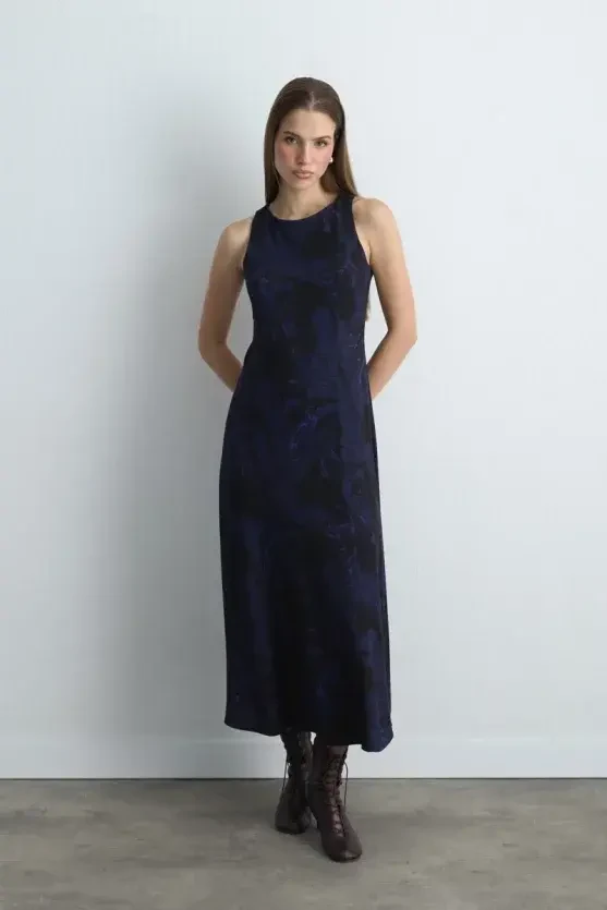 Anka Collection Long Viscose Dress - Navy Blue - Gusto