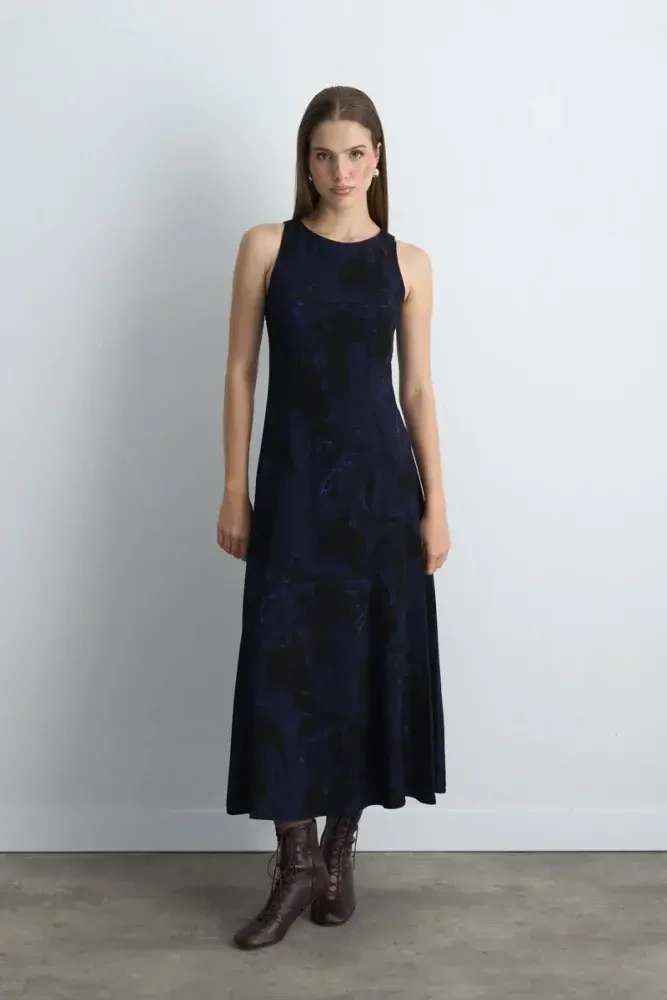 Anka Collection Long Viscose Dress - Navy Blue Navy Blue