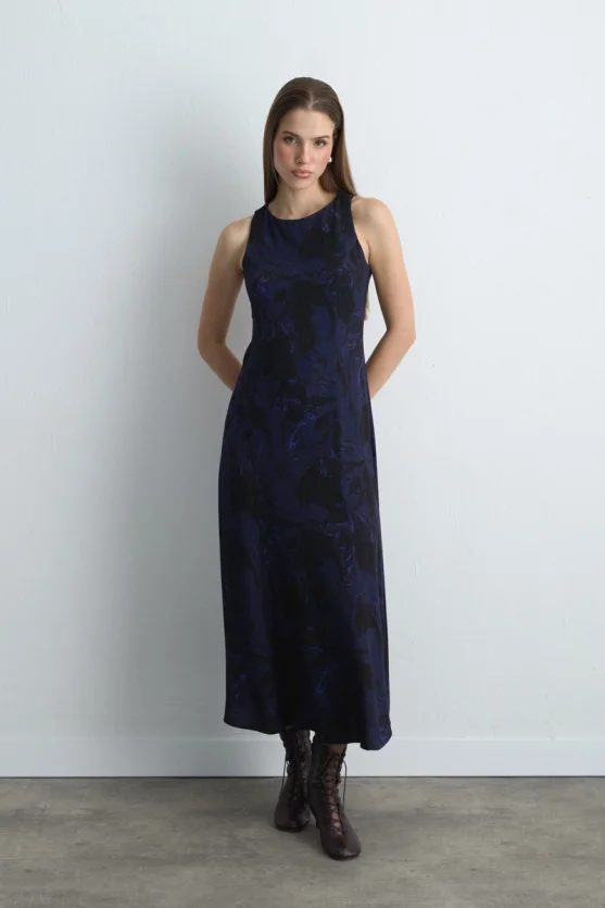 Anka Collection Long Viscose Dress Navy Blue - Gusto