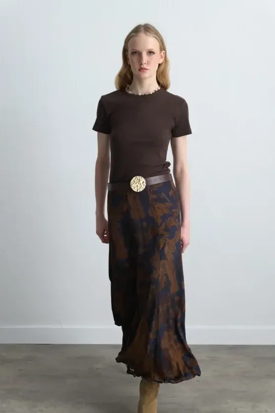Anka Collection Long Viscose Satin Skirt - Brown - 2