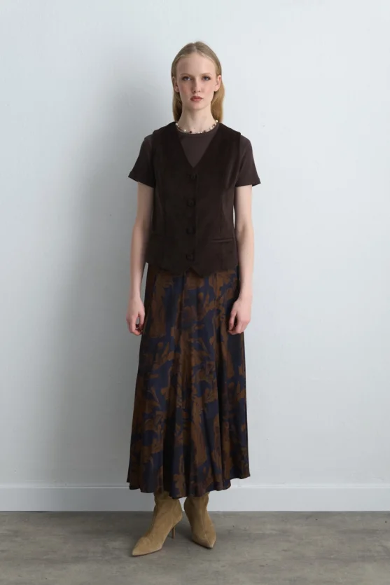 Anka Collection Long Viscose Satin Skirt Brown - 4