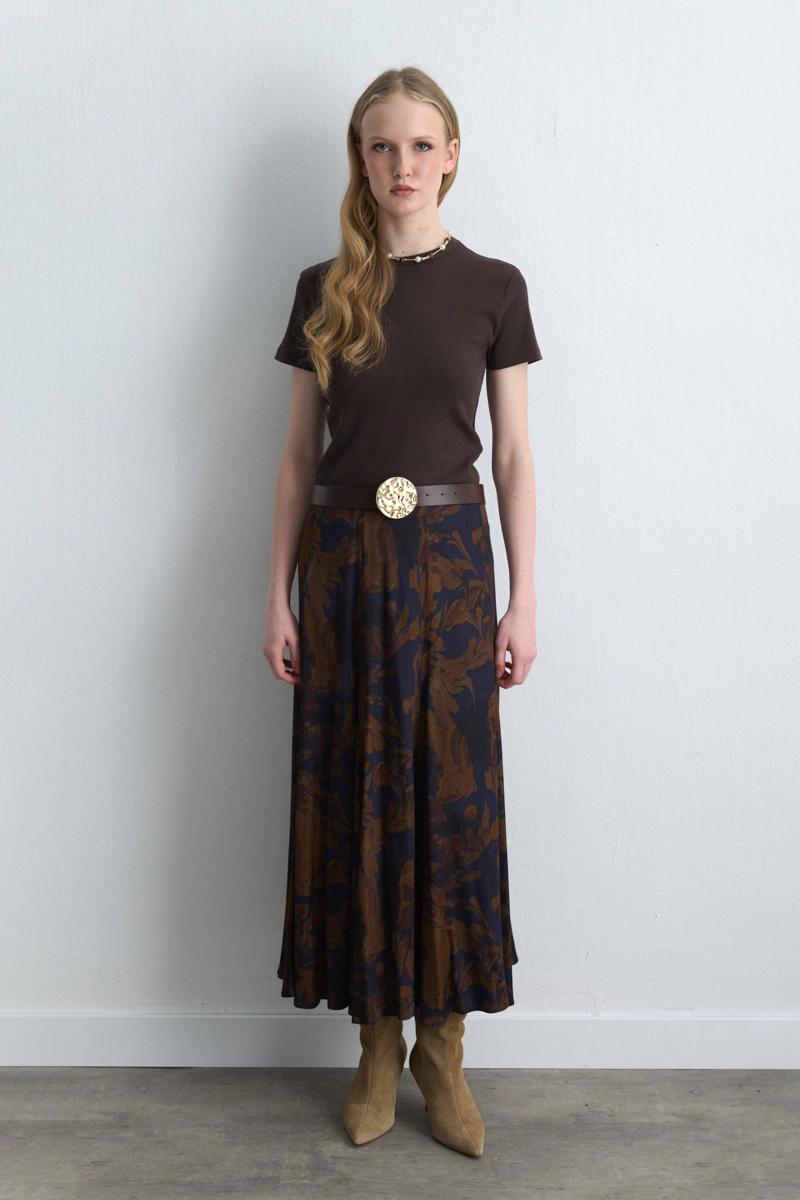 Anka Collection Long Viscose Satin Skirt Brown Brown