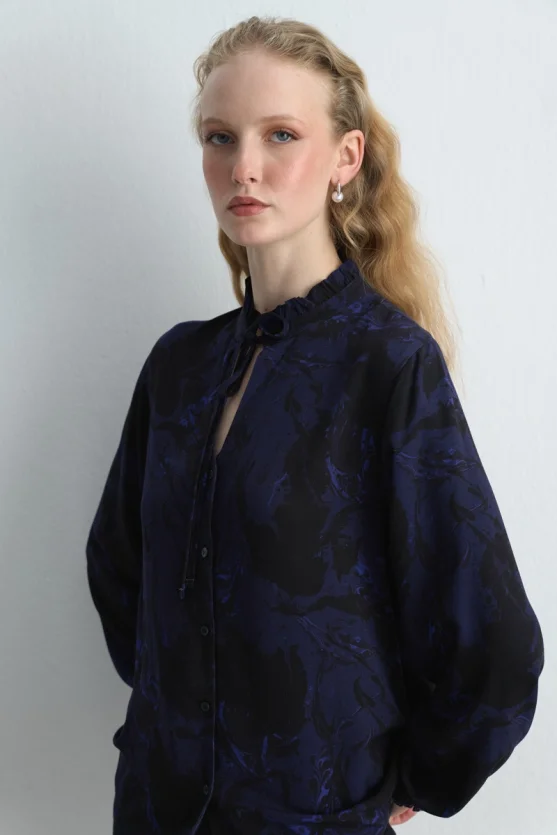 Anka Collection Patterned Blouse - Navy Blue - Gusto