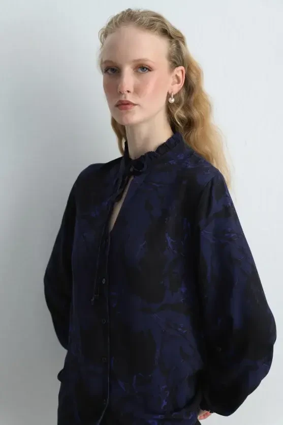 Anka Collection Patterned Blouse - Navy Blue - 2
