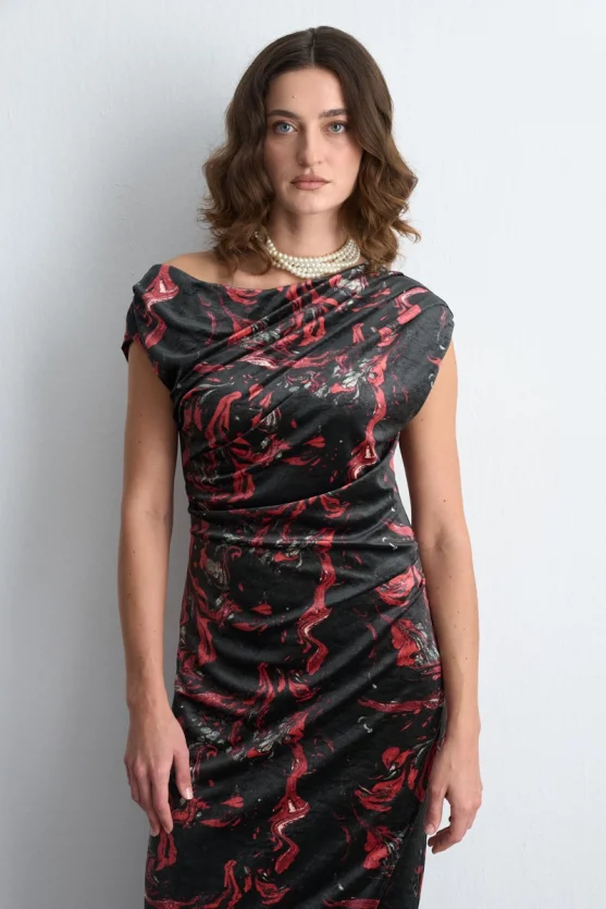 Anka Collection Patterned Long Velvet Dress - Black - Gusto