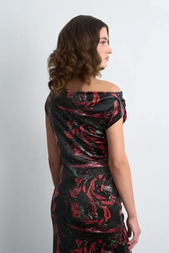 Anka Collection Patterned Long Velvet Dress - Black - Gusto