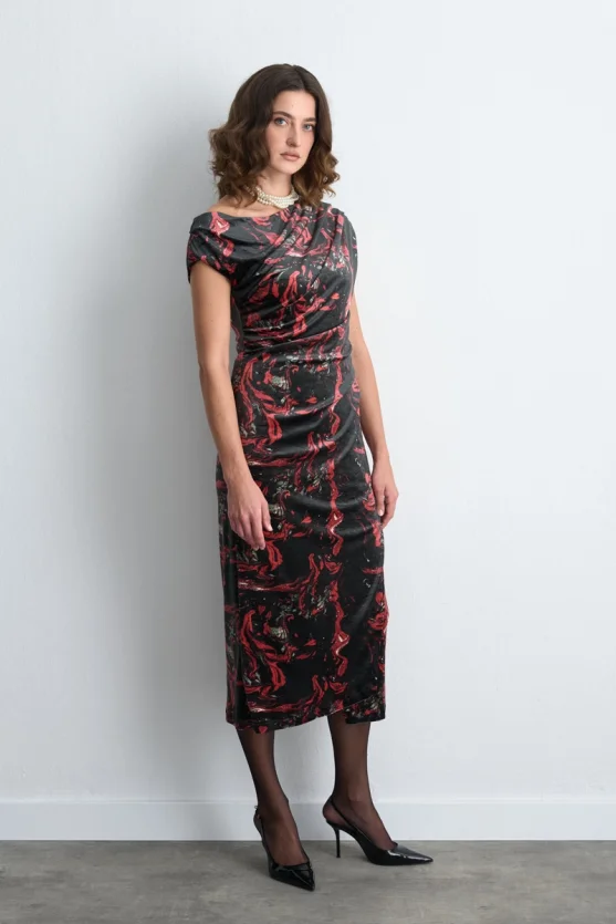 Anka Collection Patterned Long Velvet Dress Black - Gusto