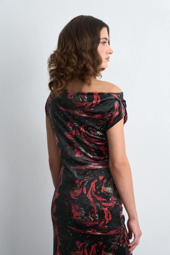 Anka Collection Patterned Long Velvet Dress Black - 4