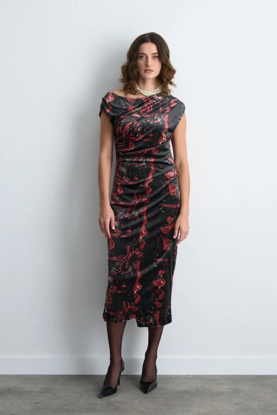 Anka Collection Patterned Long Velvet Dress Black - 1