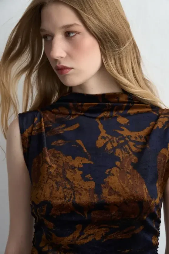 Anka Collection Patterned Mini Velvet Dress - Navy Blue - Gusto