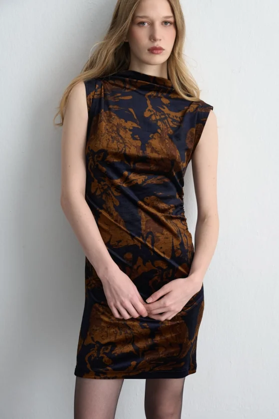 Anka Collection Patterned Mini Velvet Dress Navy Blue - 2