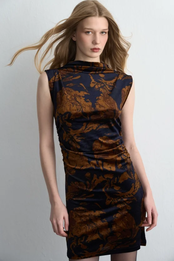 Anka Collection Patterned Mini Velvet Dress Navy Blue - Gusto