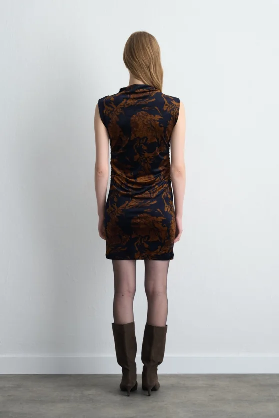 Anka Collection Patterned Mini Velvet Dress Navy Blue - Gusto
