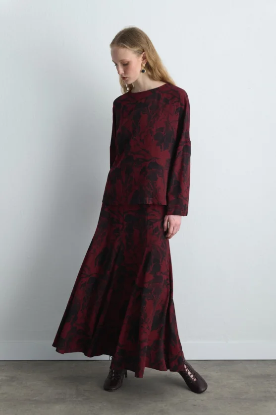 Anka Collection Patterned Viscose Blouse - Burgundy - 3