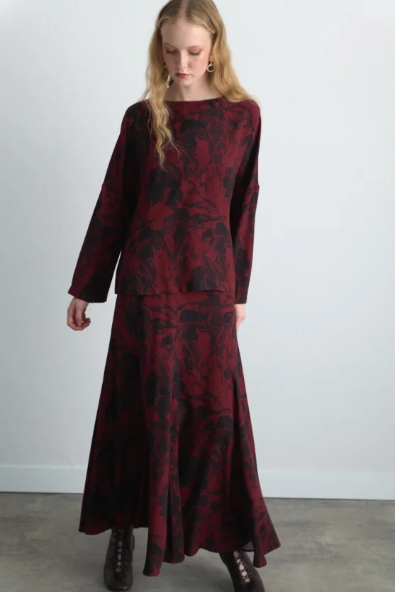 Anka Collection Patterned Viscose Blouse - Burgundy - Gusto