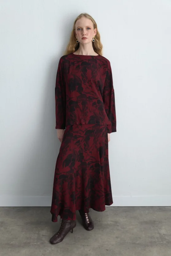 Anka Collection Patterned Viscose Blouse - Burgundy - 1