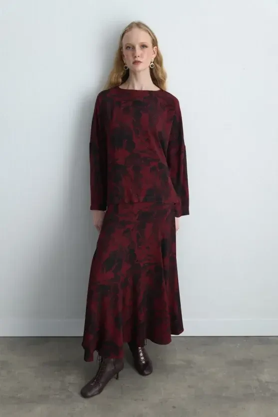 Anka Collection Patterned Viscose Blouse - Burgundy - 1