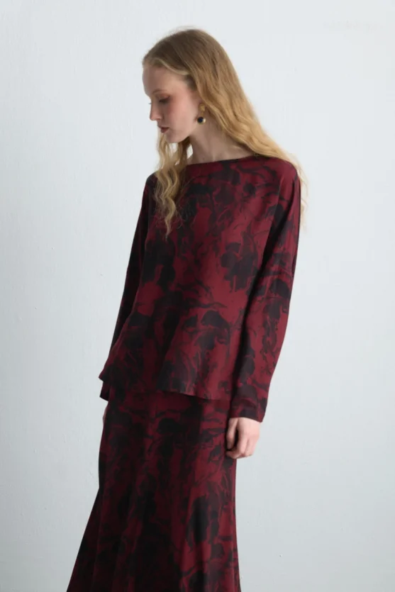 Anka Collection Patterned Viscose Blouse Burgundy - Gusto