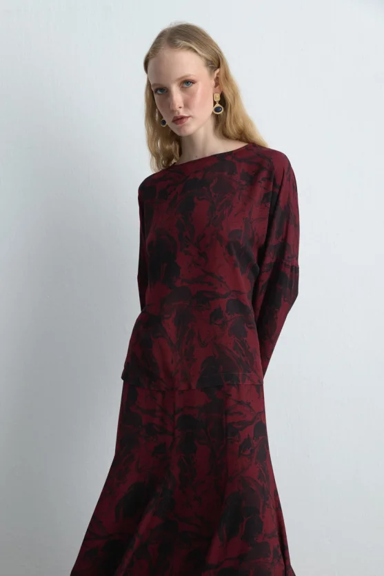 Anka Collection Patterned Viscose Blouse Burgundy - 4
