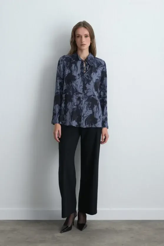 Anka Collection Patterned Viscose Blouse - Navy Blue - Gusto