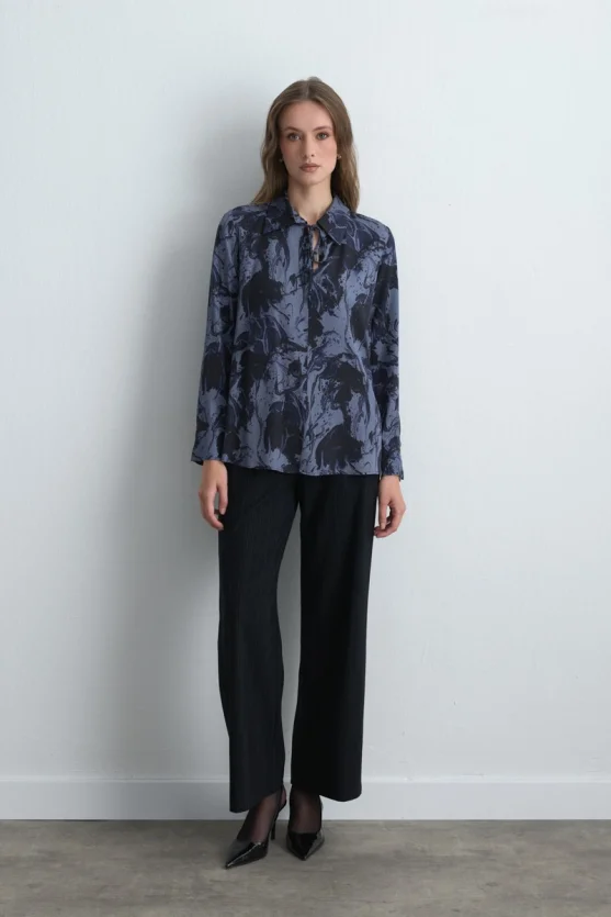 Anka Collection Patterned Viscose Blouse - Navy Blue - 2
