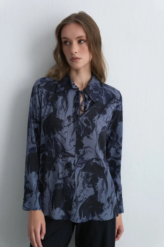 Anka Collection Patterned Viscose Blouse Navy Blue Navy Blue