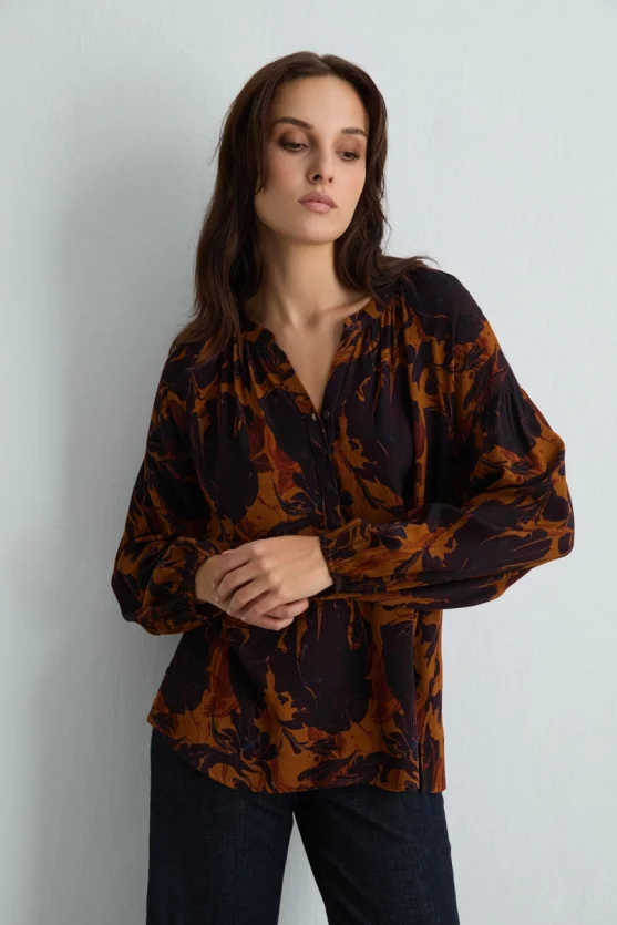 Anka Collection Patterned Viscose Blouse - Plum - 4